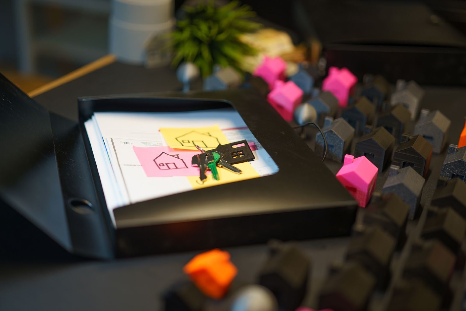 Keys and real estate documents on a desk surrounded by colorful house models, symbolizing property transactions